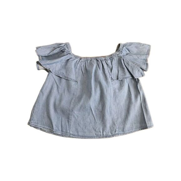 GB Off Shoulder Chambray Top Womens Size Small Ruffle Blue - Picture 3 of 6